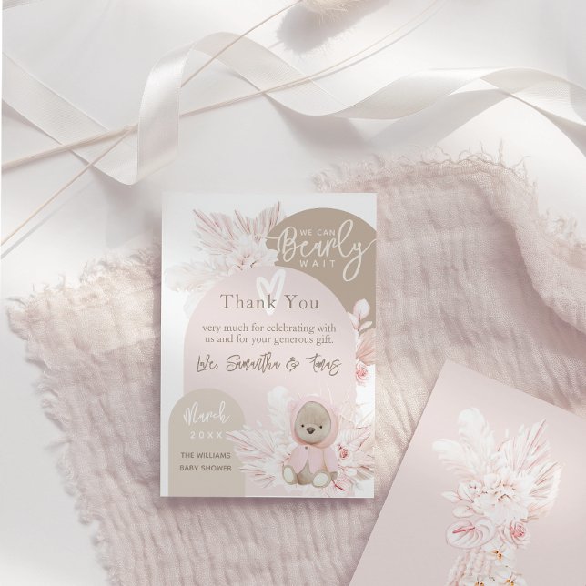 Teddy Bear Modern Boho Girl Baby Shower Thank You Card (Creator Uploaded)