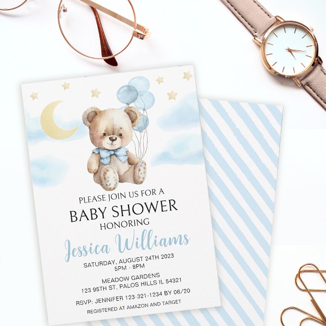 Teddy bear moon and stars baby shower invitation (Creator Uploaded)