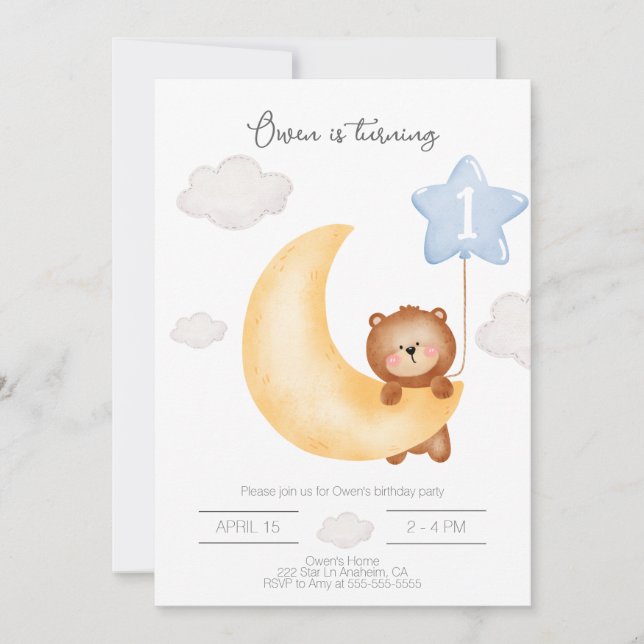 Teddy Bear Moon and Stars blue balloon Birthday  I Invitation (Front)