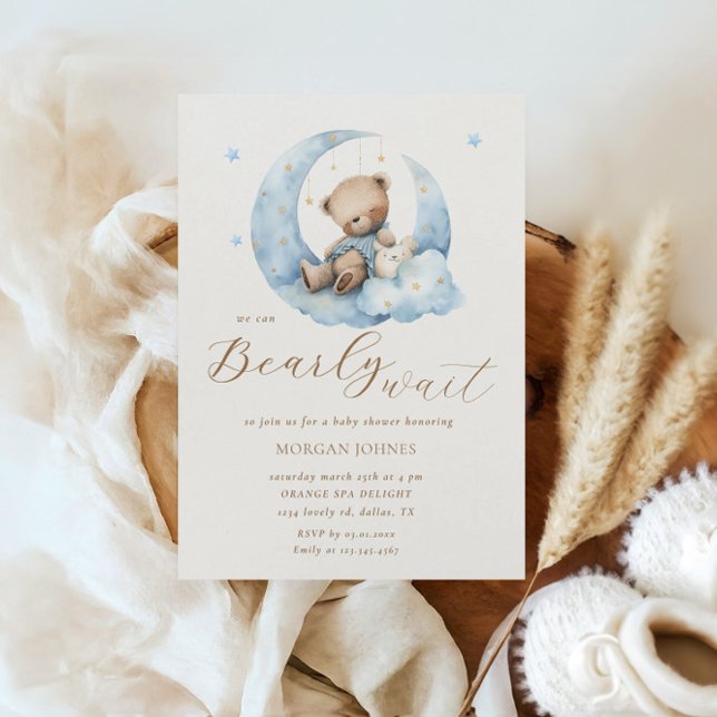 Teddy Bear Moon Bearly Wait Baby Shower Invitation (Creator Uploaded)