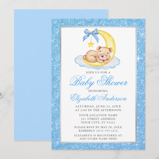 Teddy Bear Moon Blue Glitter Baby Shower Invitation (Front/Back)