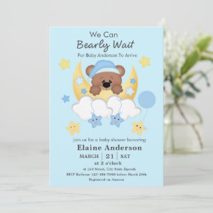 Teddy Bear Moon Clouds Stars Baby Boy Shower Invitation