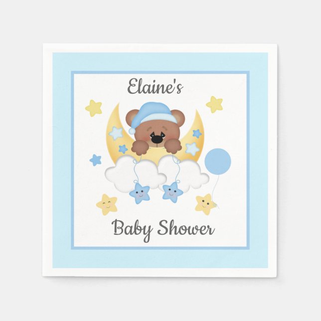 Teddy Bear Moon Clouds Stars Baby Boy Shower Napkin (Front)