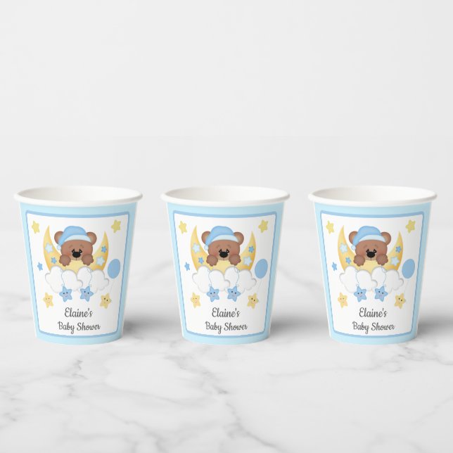 Teddy Bear Moon Clouds Stars Baby Boy Shower Paper Cups (Multi)