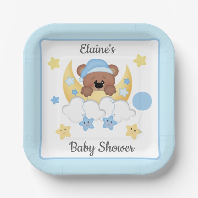 Teddy Bear Moon Clouds Stars Baby Boy Shower Paper Plate (Front)