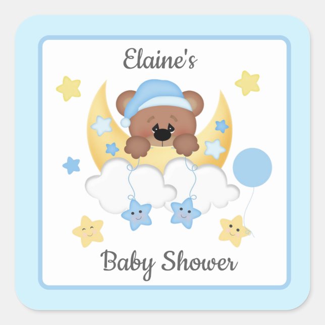Teddy Bear Moon Clouds Stars Baby Boy Shower Square Sticker (Front)