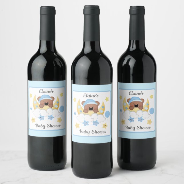 Teddy Bear Moon Clouds Stars Baby Boy Shower Wine Label (Bottles)