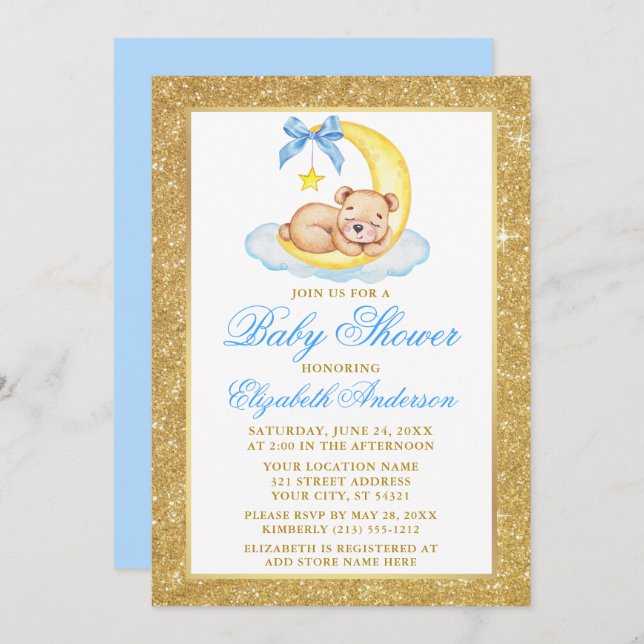 Teddy Bear Moon Gold Glitter Baby Shower Blue Invitation (Front/Back)
