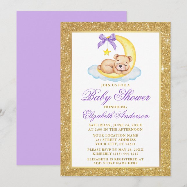 Teddy Bear Moon Gold Glitter Baby Shower Purple Invitation (Front/Back)