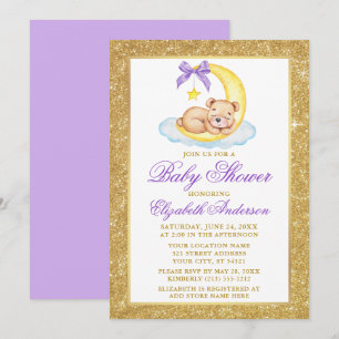 Teddy Bear Moon Gold Glitter Baby Shower Purple Invitation