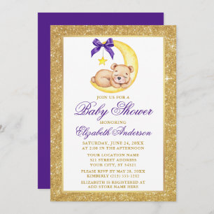 Teddy Bear Moon Gold Glitter Purple Baby Shower Invitation