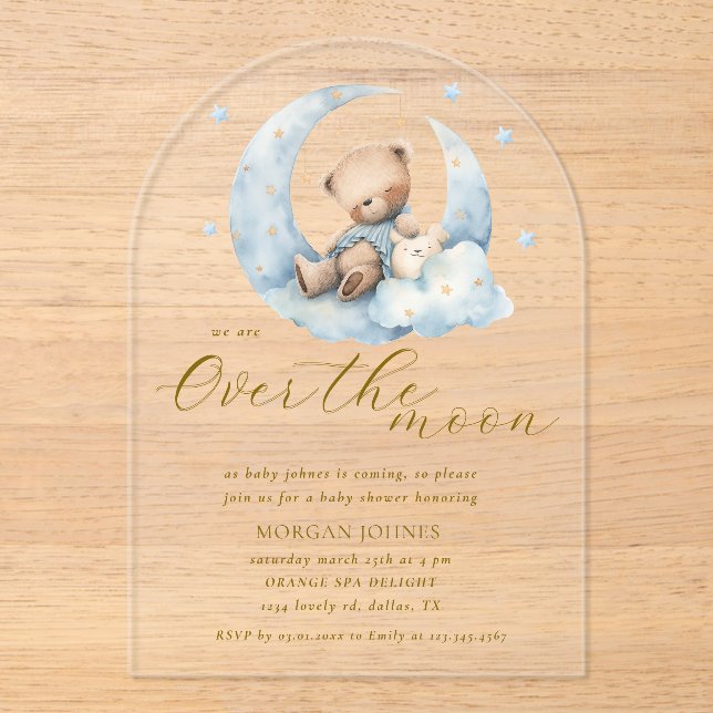 Teddy Bear Moon Over the Moon Baby Shower Acrylic Invitations (Front)