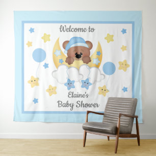 Teddy Bear Moon Stars Baby Boy Shower Backdrop Tapestry