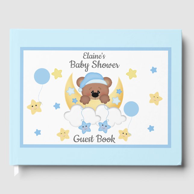 Teddy Bear Moon Stars Baby Boy Shower Guest Book (Front)