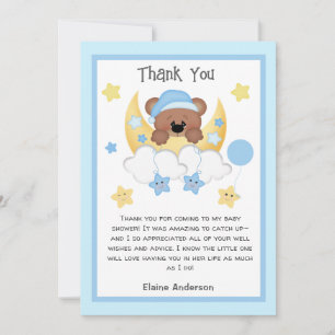 Teddy Bear Moon Stars Baby Boy Shower Thankyou Invitation