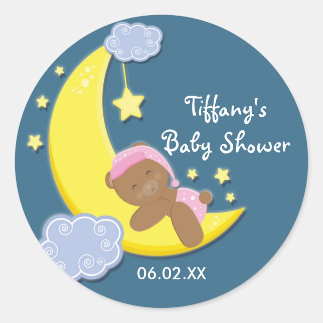 Teddy Bear Moon & Stars Baby Shower Girls Sticker (Front)
