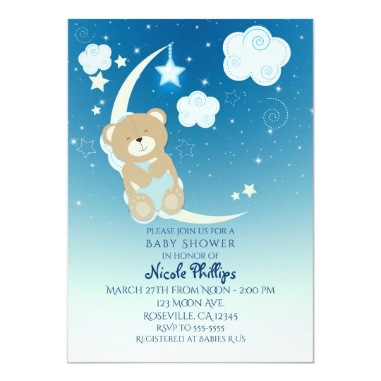 Teddy Bear Moon Stars Baby Shower Invitations Zazzle Co Uk