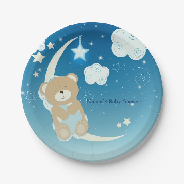Teddy Bear Moon & Stars Baby Shower Sprinkle Paper Plate (Front)