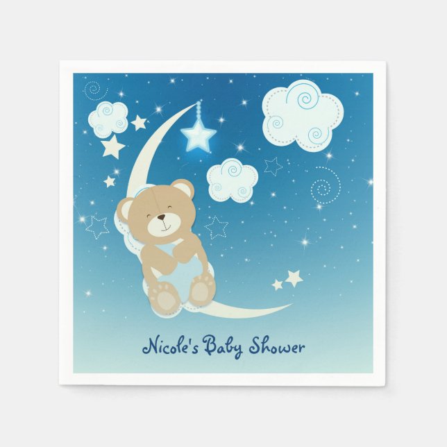 Teddy Bear Moon & Stars Baby Shower Sprinkle Party Napkin (Front)