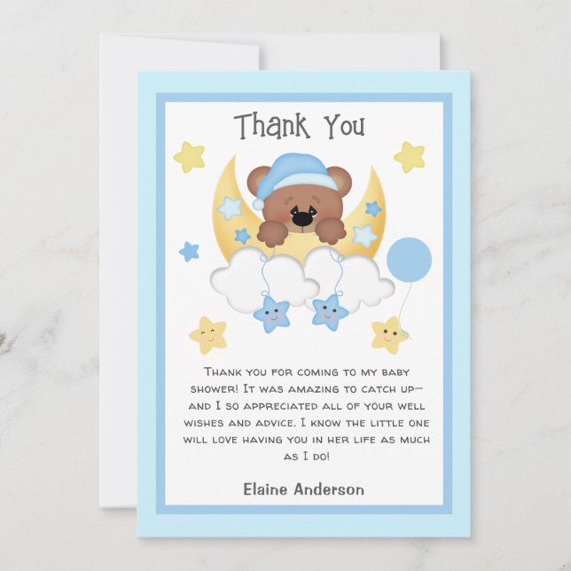 Teddy Bear Moon Stars Clouds Baby Boy Shower  Thank You Card (Front)