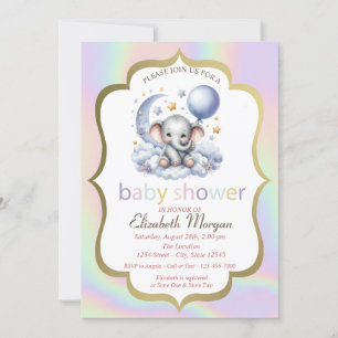 Teddy Bear,Moon,Stars Holographic Baby Shower Invitation