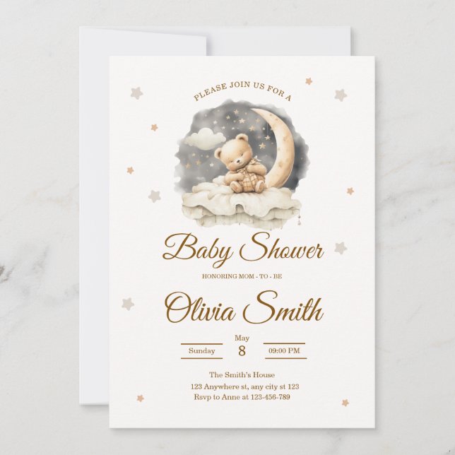 Teddy Bear Moon & Stars Neutral Baby Shower Invitation (Front)