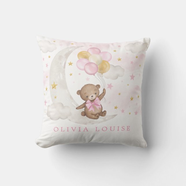 Teddy Bear Moon Stars Pink Gold Balloons Baby Girl Cushion (Front)