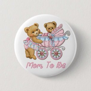 Teddy Bear Mum and Carriage - Pink 6 Cm Round Badge