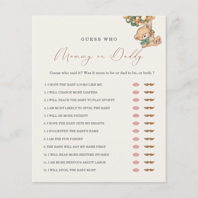 Teddy Bear Mummy or Daddy Baby Shower Game (Front)