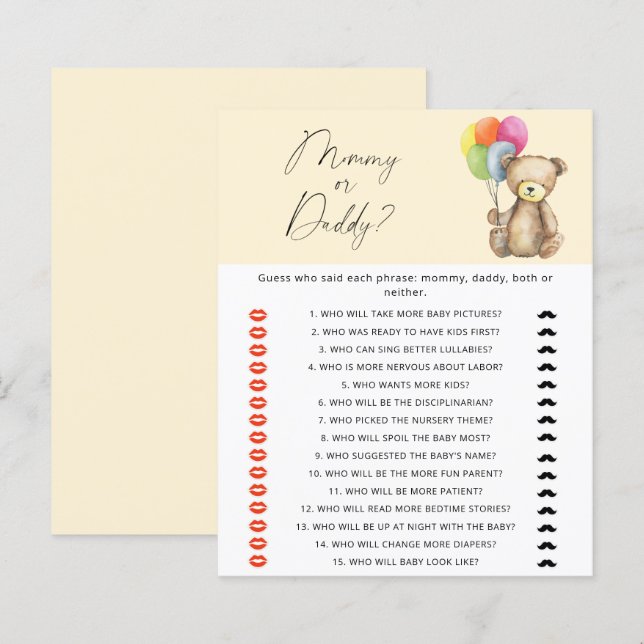 Teddy Bear - mummy or daddy baby shower game (Front/Back)
