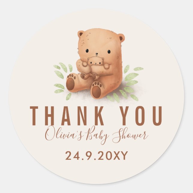 Teddy Bear Mummy with Baby Shower Thank You Classic Round Sticker (Front)