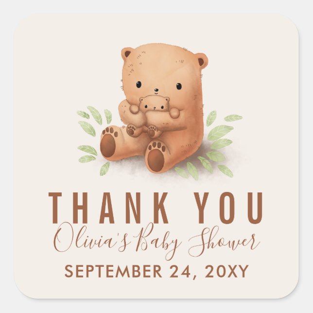 Teddy Bear Mummy with Baby Shower Thank You Square Sticker (Front)