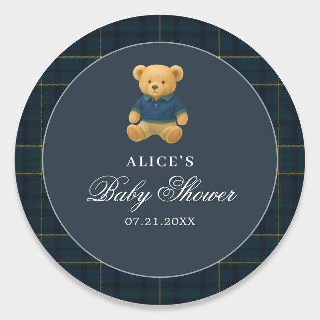 Teddy Bear Navy Blue Baby Shower Classic Round Sticker (Creator Uploaded)