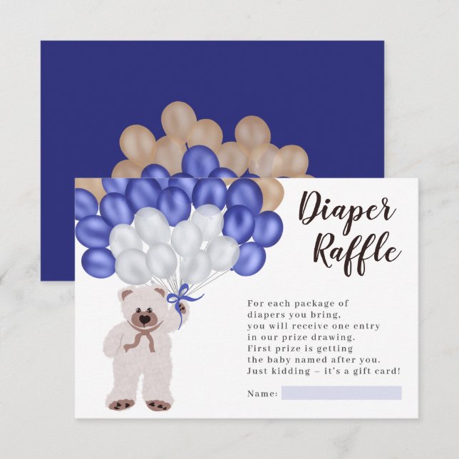 Teddy bear navy blue balloon diaper raffle shower enclosure card (Front/Back)
