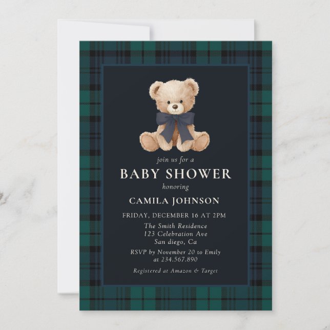 Teddy Bear Navy Plaid Baby Shower Invitation (Front)