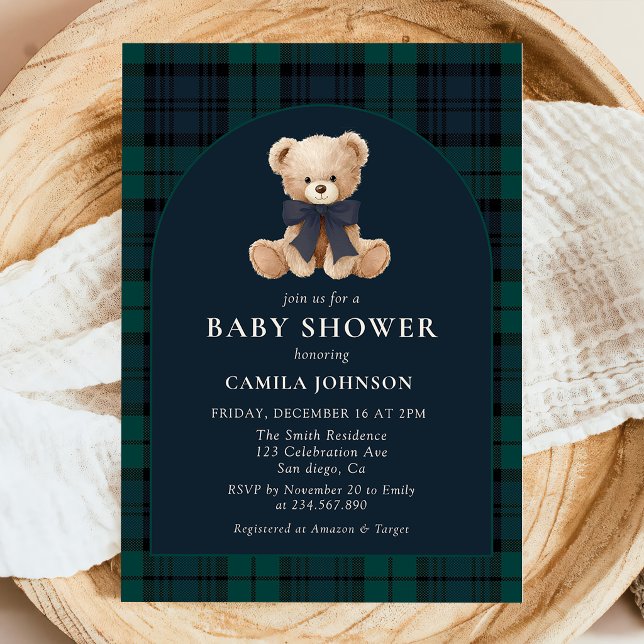 Teddy Bear Navy Plaid Baby Shower Invitation (Creator Uploaded)