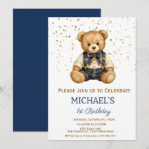 Teddy Bear Navy Plaid Boy Birthday
