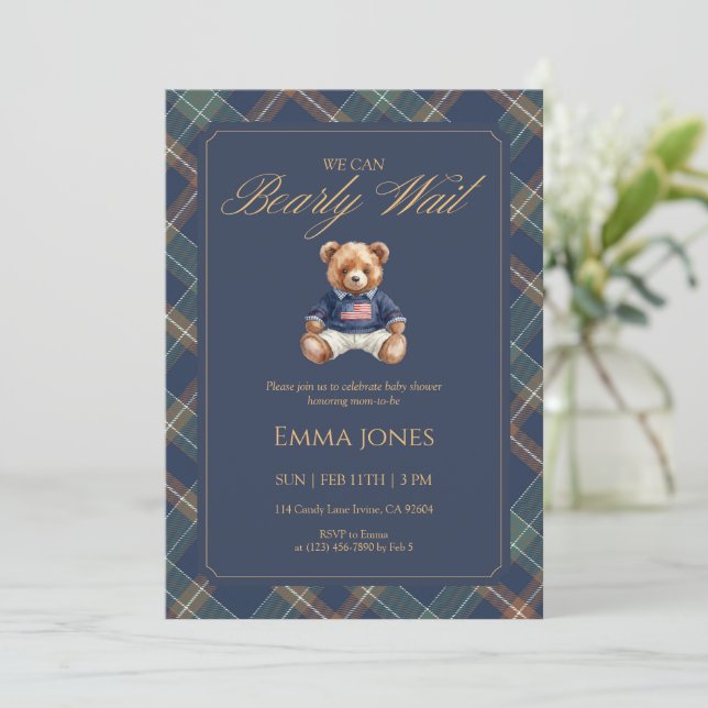 Teddy Bear Navy Tartan Plaid Classic Baby Shower Invitation (Standing Front)