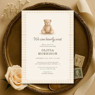 Teddy Bear Neutral Gingham Baby Shower Invitation