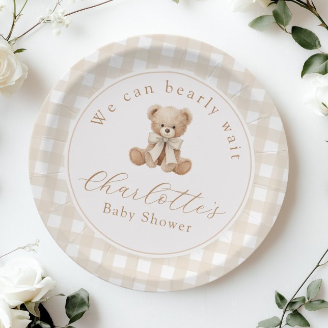 Teddy bear Neutral Gingham Baby shower Paper Plate (Creator Uploaded)