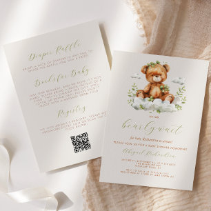Teddy Bear Neutral Greenery QR Code Baby Shower Invitation