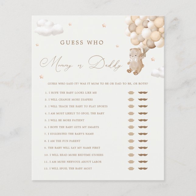 Teddy Bear Neutral Mummy or Daddy Baby Shower Game (Front)