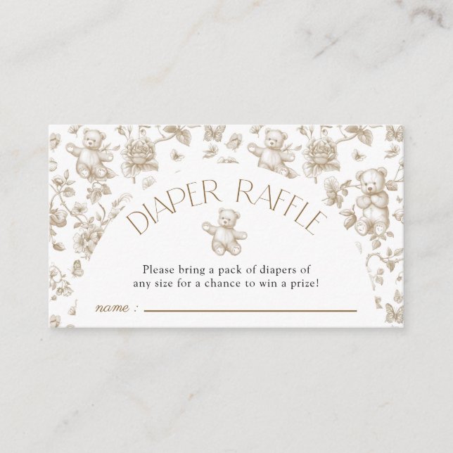 Teddy Bear Neutral Toile Diaper Raffle Baby Shower Enclosure Card (Front)