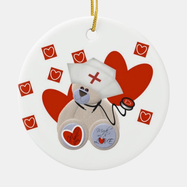 Teddy Bear Nurse Love Tshirts and Gifts Ceramic Tree Decoration (Front)