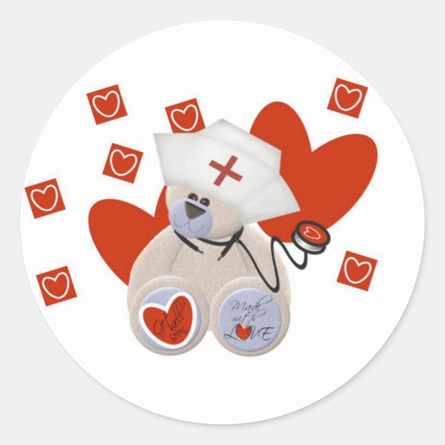 Teddy Bear Nurse Love Tshirts and Gifts Classic Round Sticker (Front)