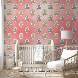 Teddy Bear Nursery Gingham in Pink and Sage Wallpaper