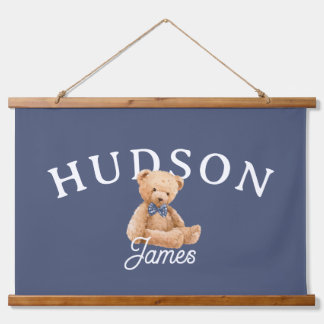 Teddy Bear Nursery Name Sign Blue Kids Room Decor Hanging Tapestry