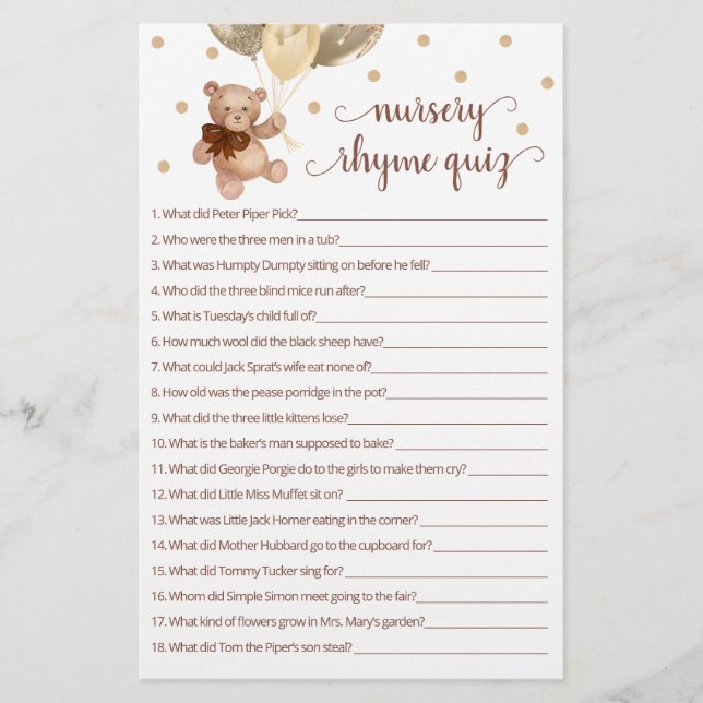 Teddy Bear Nursery Rhyme Quiz Game (Front)