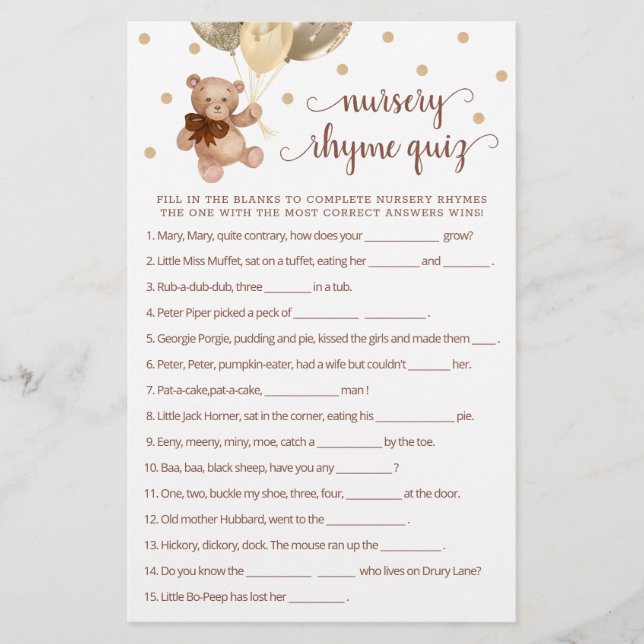 Teddy Bear Nursery Rhyme Quiz Game (Front)