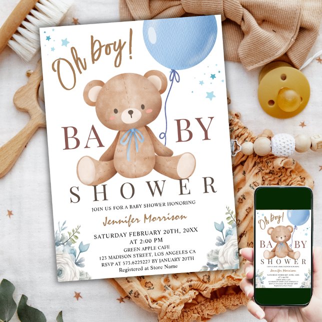 Teddy Bear Oh Boy Baby Shower Blue Balloon  Invitation (Creator Uploaded)
